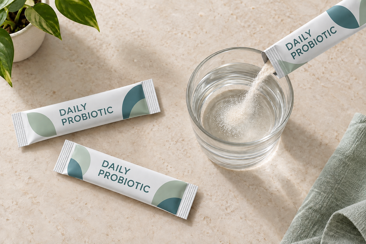 Daily probiotic stick packs prepared for consumer use
